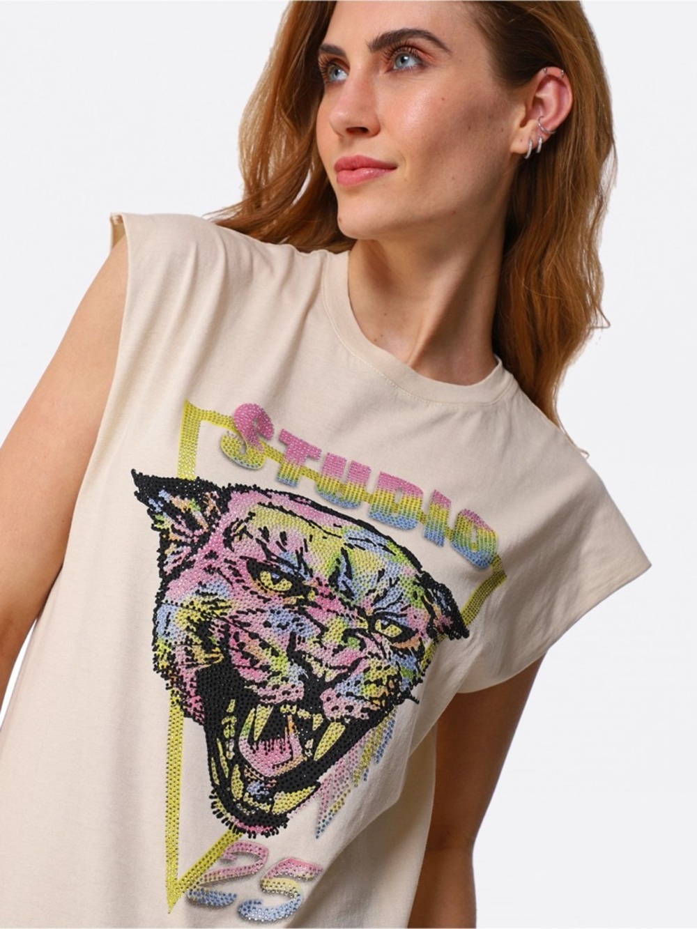 Zadig & Voltaire Studded Panther Graphic Beige Embellished Muscle Tee | Size S - Picture 3 of 11